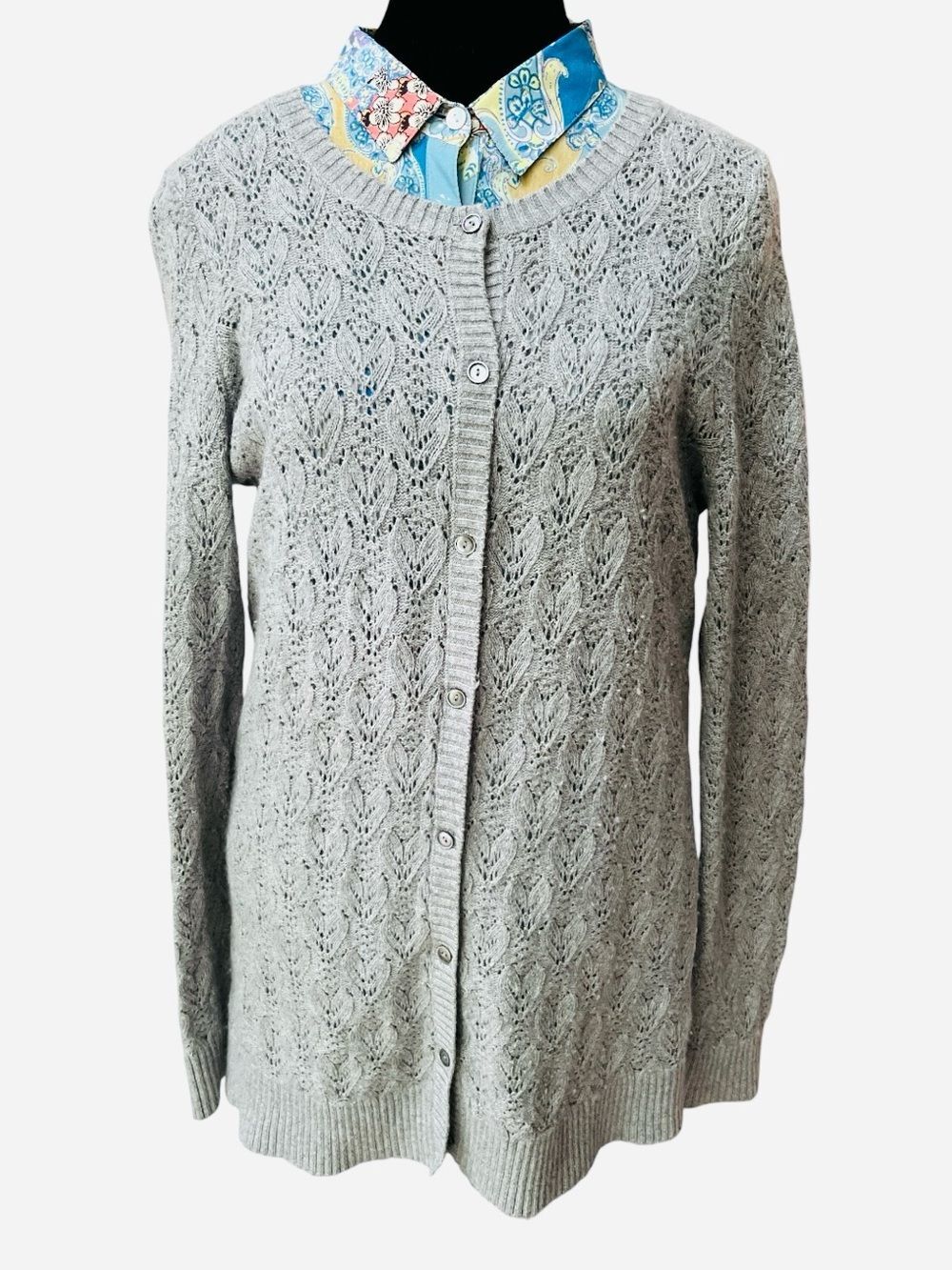 Vintage L.L.Bean Gray Wool Cashmere Cotton Open Knit Cardigan Sweater Size L